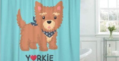 Cortinas De Baño Cortina De Baño Perro De Raza Yorkshire Terrier Cachorro En Bufanda Azul con Las Estrellas Que Llevan Alrededor De Su Cuello