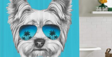 Cortinas de baño Yorkshire Terrier con gafas de sol de espejo azul